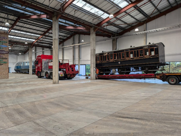 Our restored S&DJR Coach 4 of 1886 moves into its exhibition space at the Hornby museum, Margate.