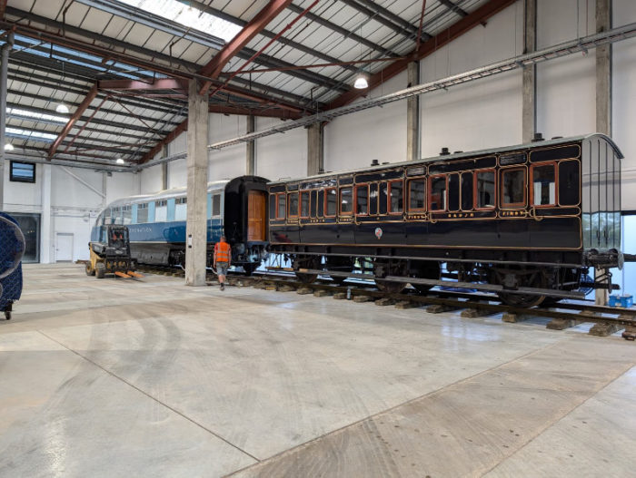 Our restored S&DJR Coach 4 of 1886 moves into its exhibition space at the Hornby museum, Margate.