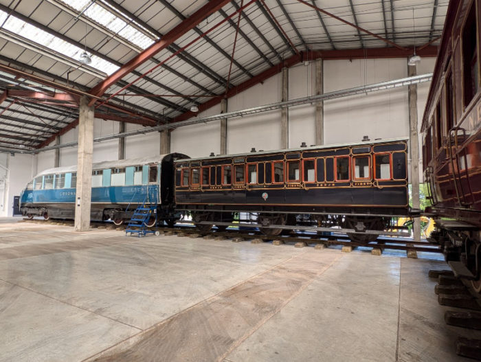 Our restored S&DJR Coach 4 of 1886 moves into its exhibition space at the Hornby museum, Margate.