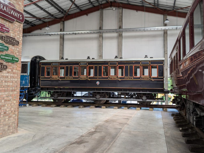 Our restored S&DJR Coach 4 of 1886 moves into its exhibition space at the Hornby museum, Margate.